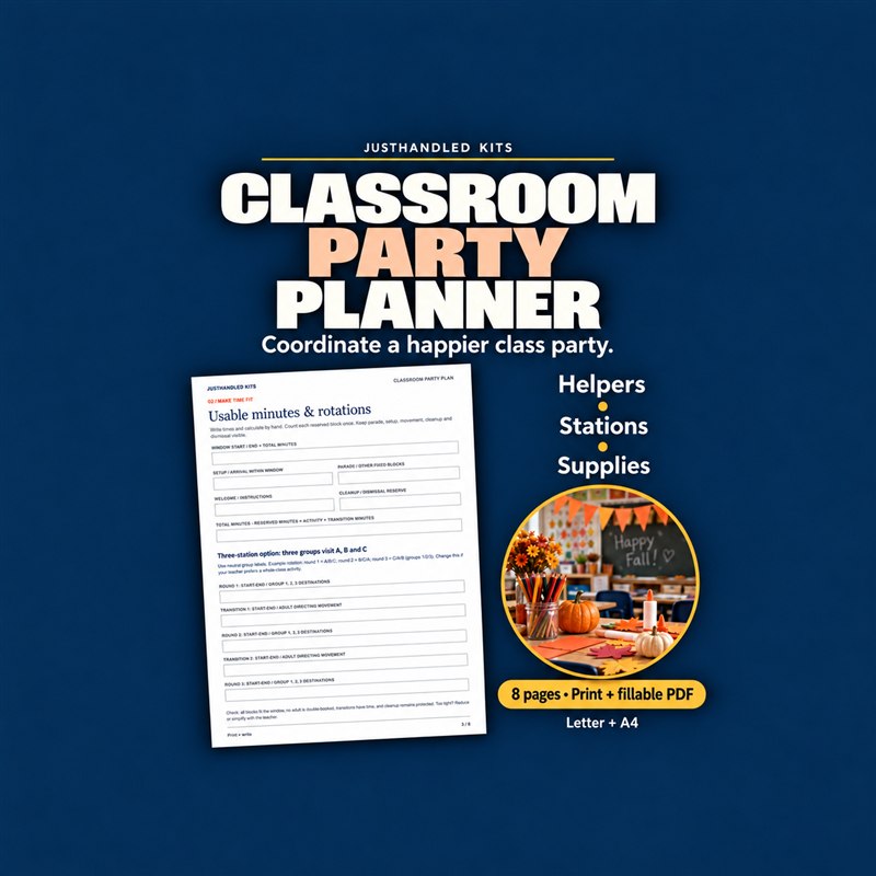 Classroom Party Planner preview with timing and rotation worksheet