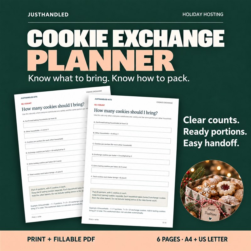 Cookie Exchange Planner preview with cookie-count and packing worksheets