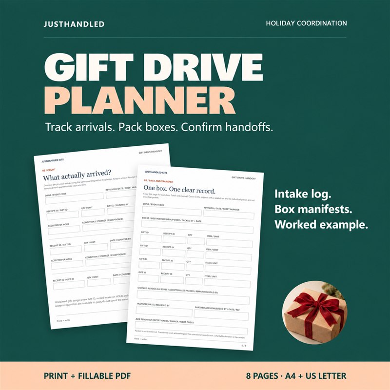 Gift Drive Planner preview with intake log and box manifest