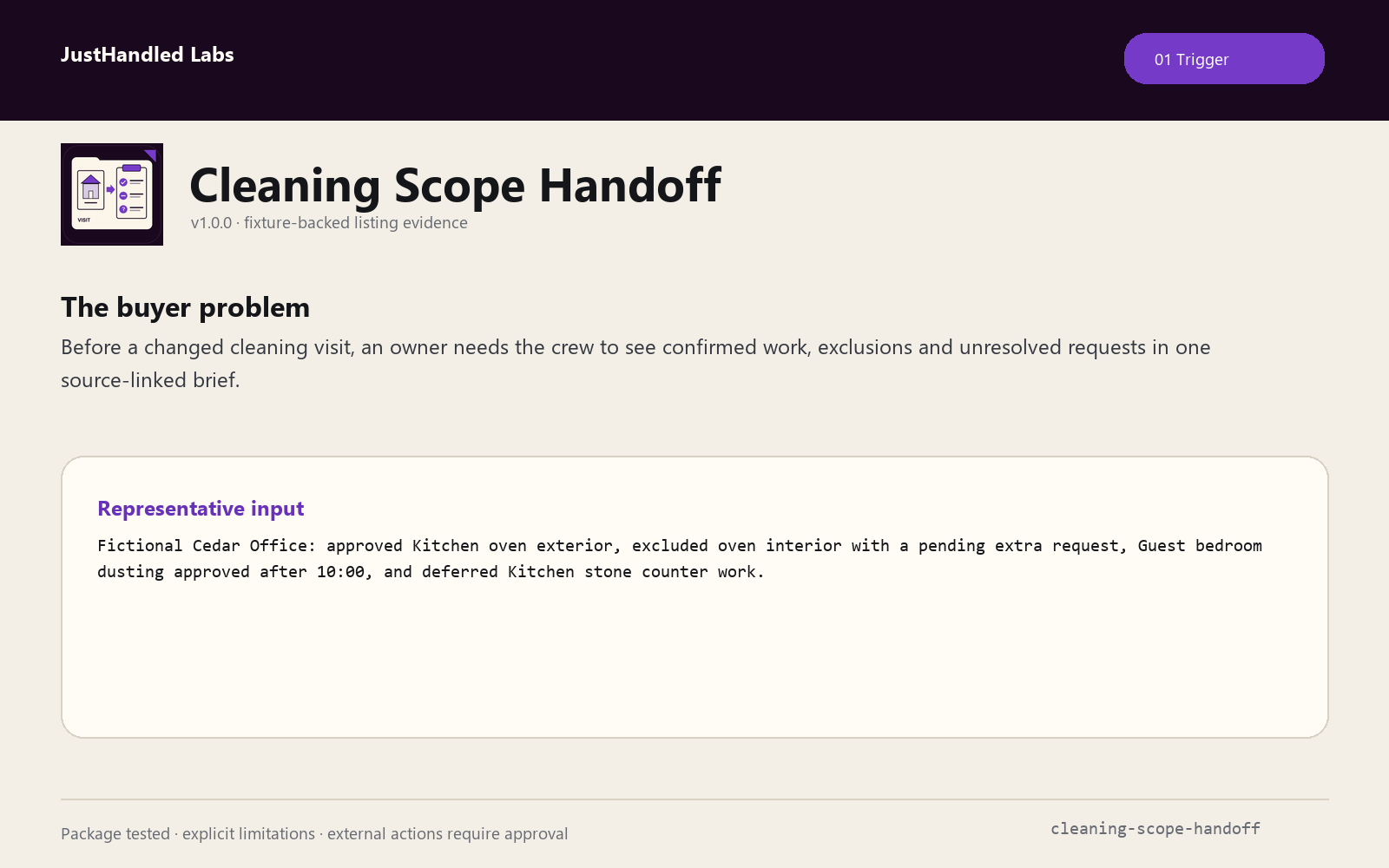 Cleaning Scope Handoff: trigger evidence card from the fictional packaged example