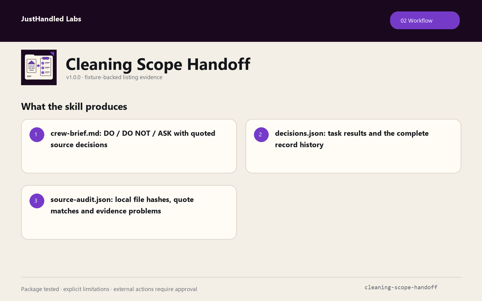 Cleaning Scope Handoff: workflow evidence card from the fictional packaged example