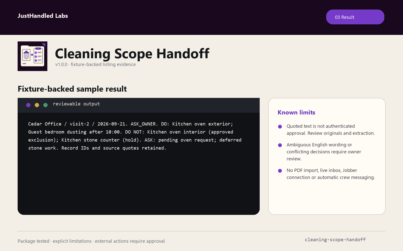 Cleaning Scope Handoff: result evidence card from the fictional packaged example