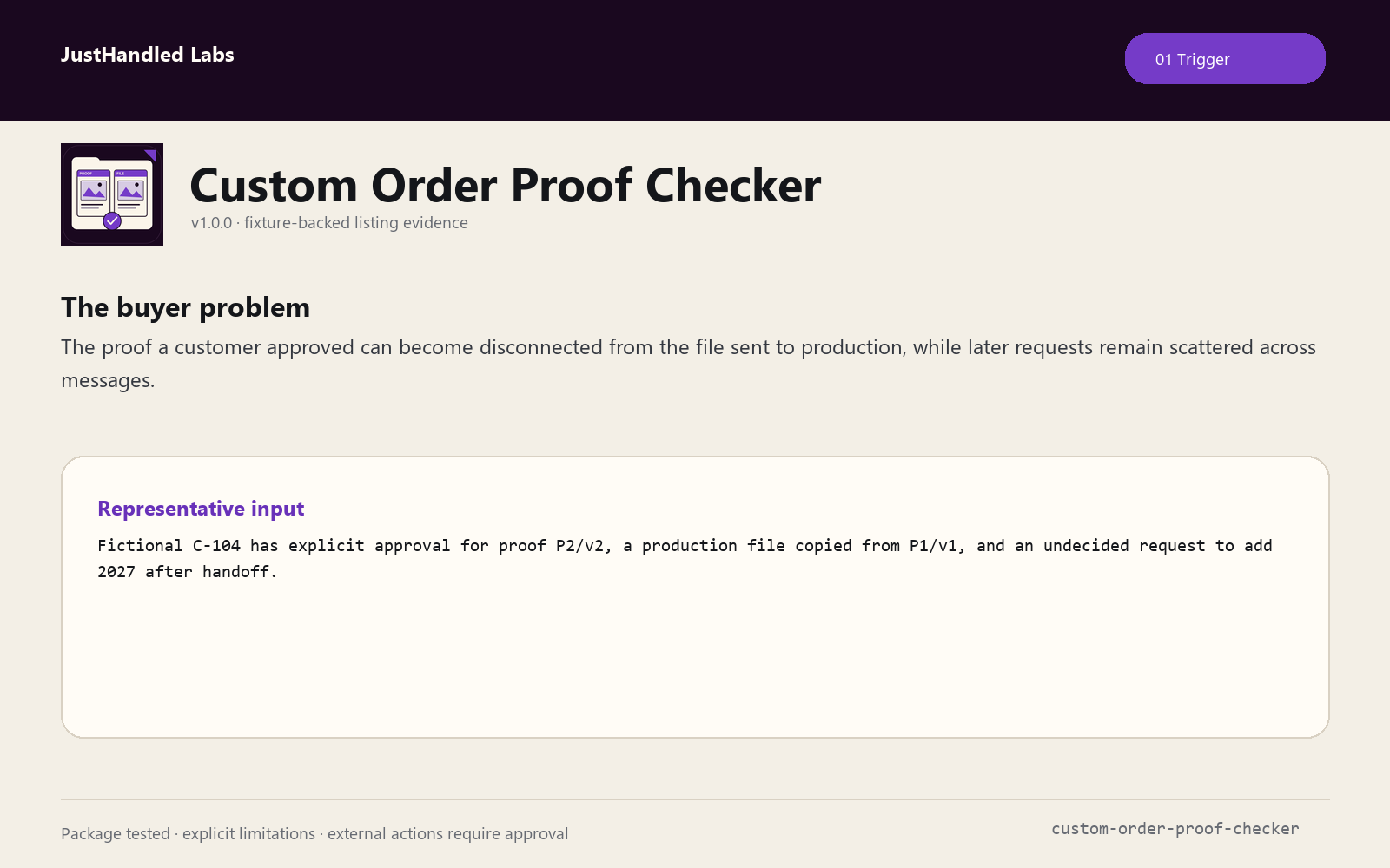 Custom Order Proof Checker: trigger evidence card from the fictional packaged example
