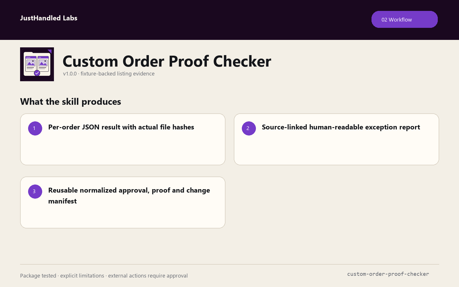 Custom Order Proof Checker: workflow evidence card from the fictional packaged example