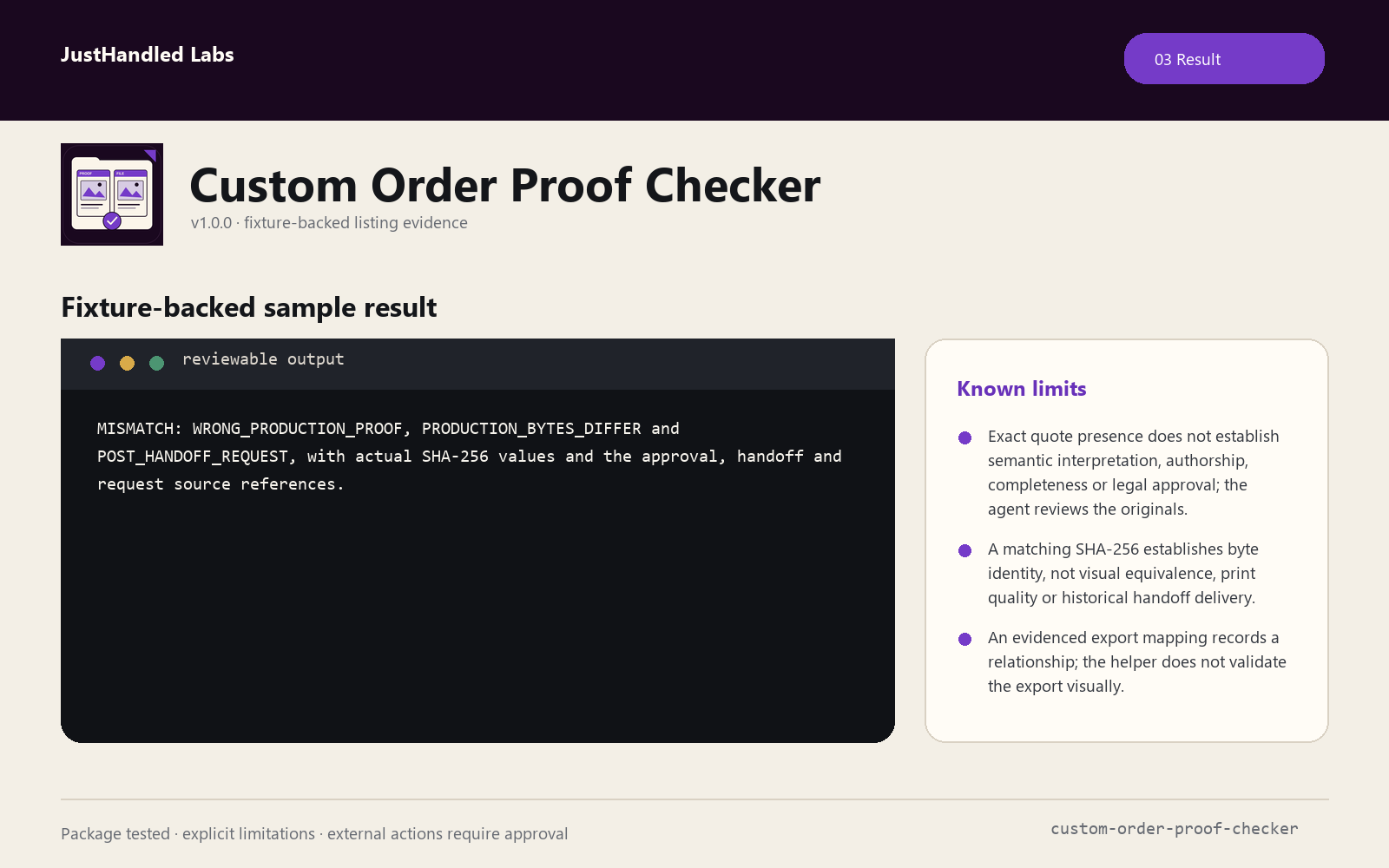 Custom Order Proof Checker: result evidence card from the fictional packaged example