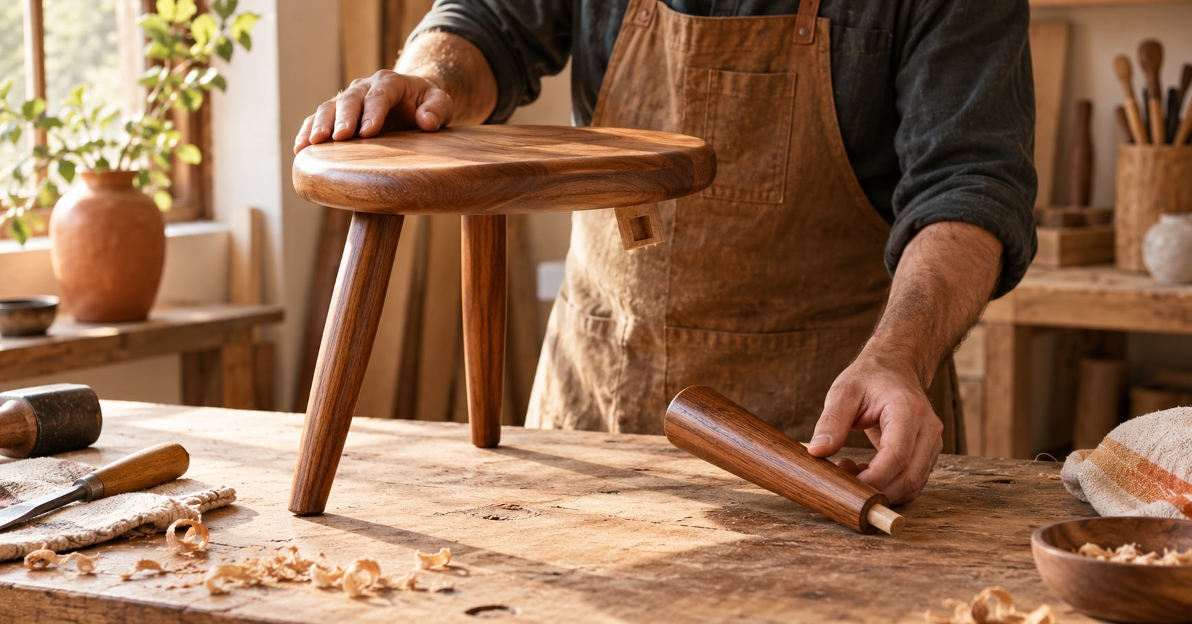 Conceptual AI-generated illustration: A craftsperson steadies a polished stool with its third leg still detached. A metaphor for the article, not actual people, a tested workflow or measured results.