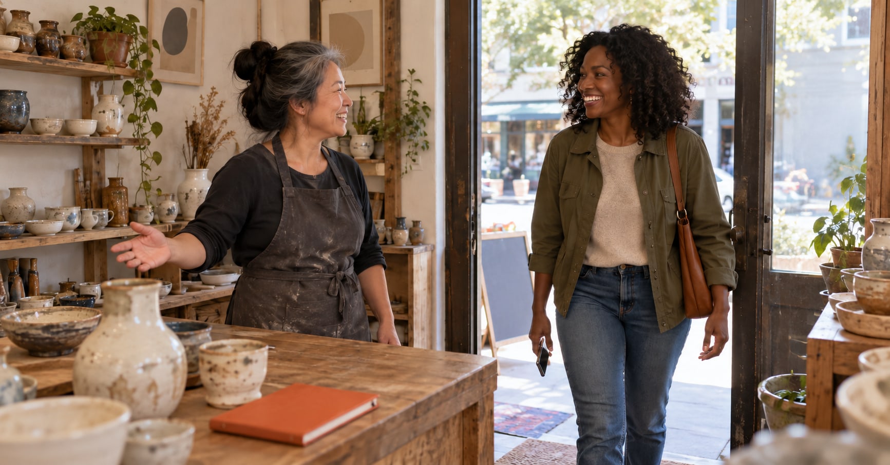 Conceptual AI-generated illustration: a ceramic shop owner welcomes a visitor carrying a phone. A metaphor for discovery, not an actual customer or measured result.