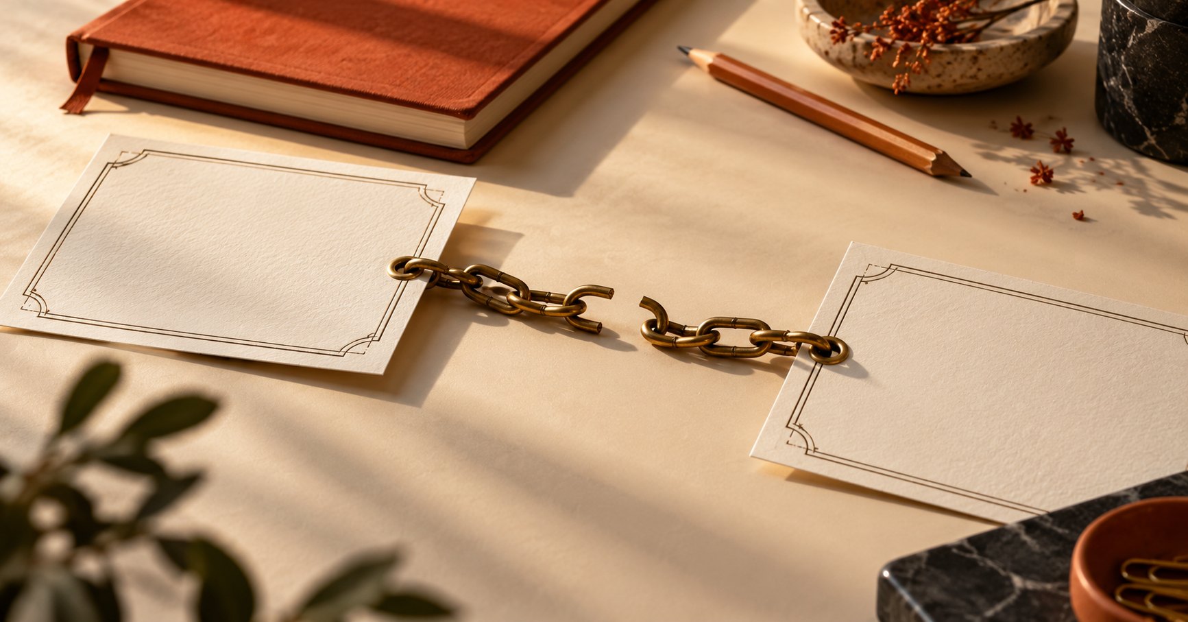 Conceptual AI-generated still life of blank certificate-shaped cards, a separated brass chain link and a datebook on a warm desk.