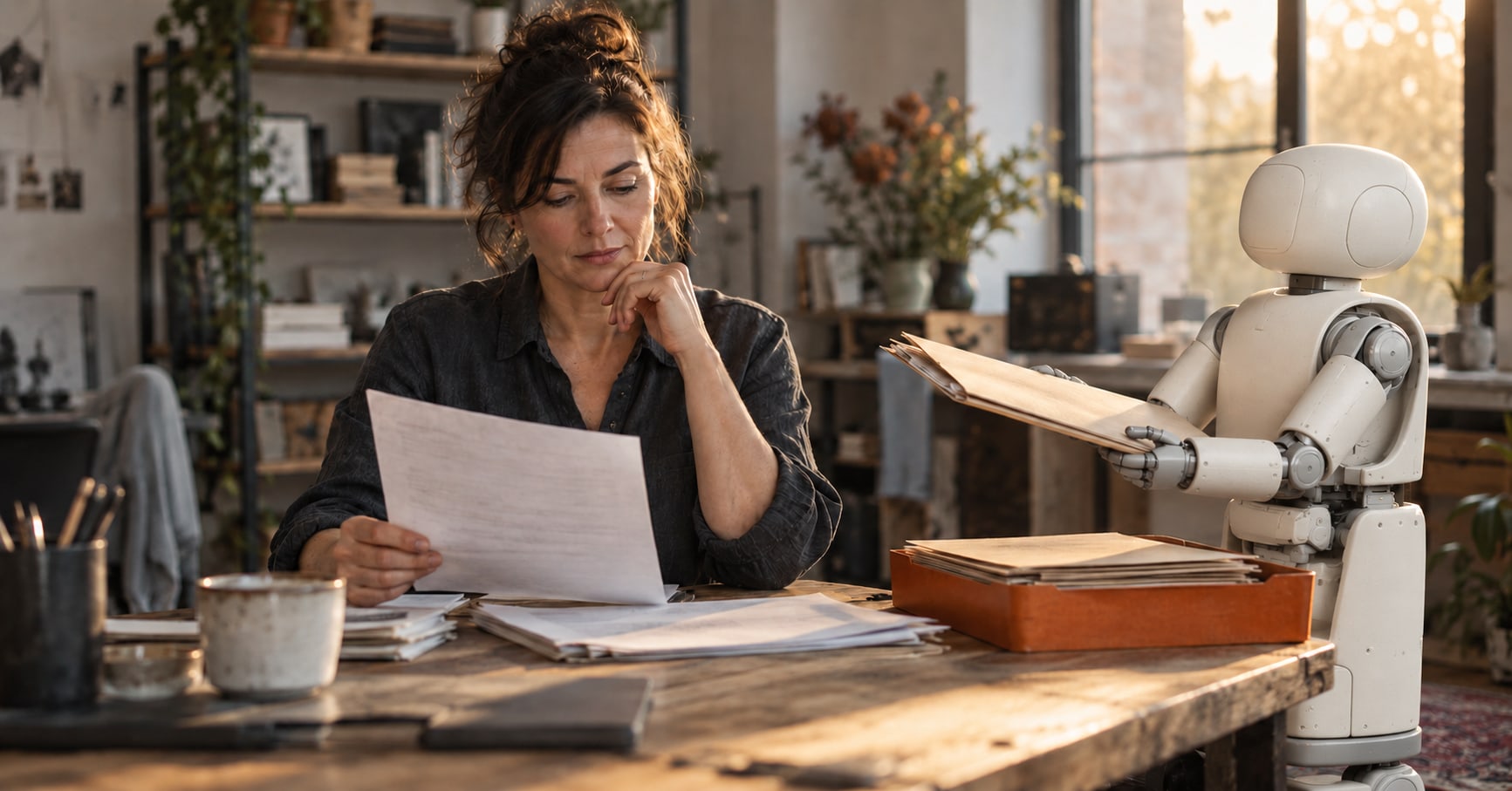 Conceptual AI-generated illustration: a woman reviews a document while a warm-ivory matte robot waits with the next folder. A metaphor for bounded AI delegation, not Dots controlling physical hardware.