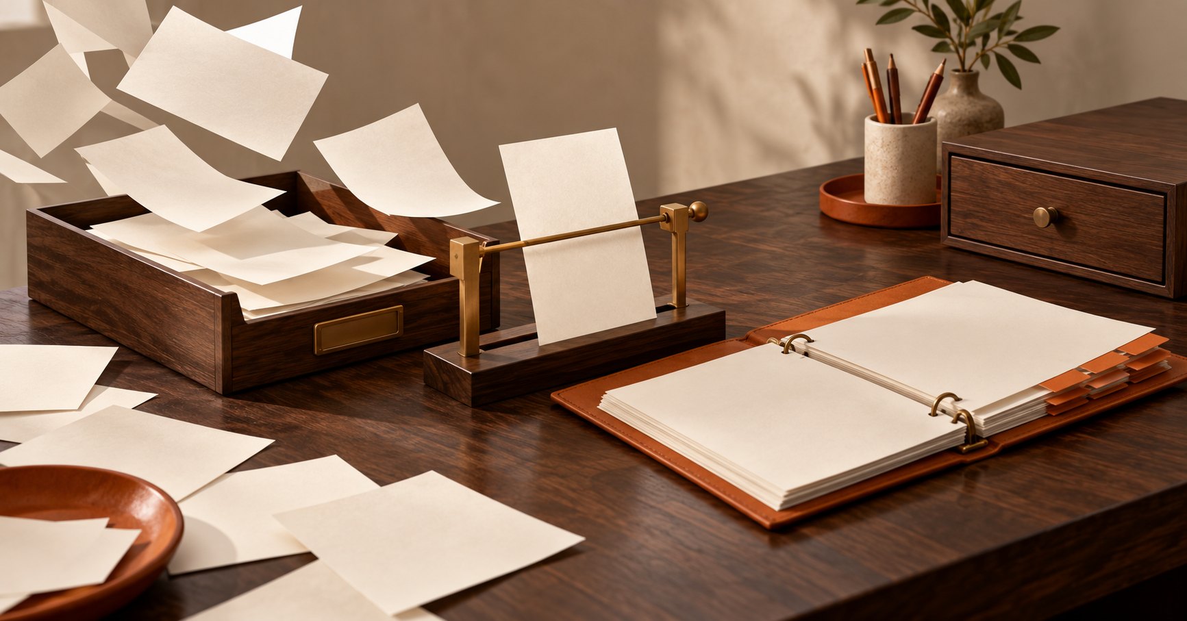 Conceptual AI-generated still life of instruction pages paused at a review gate beside a project binder and a separate closed settings drawer.