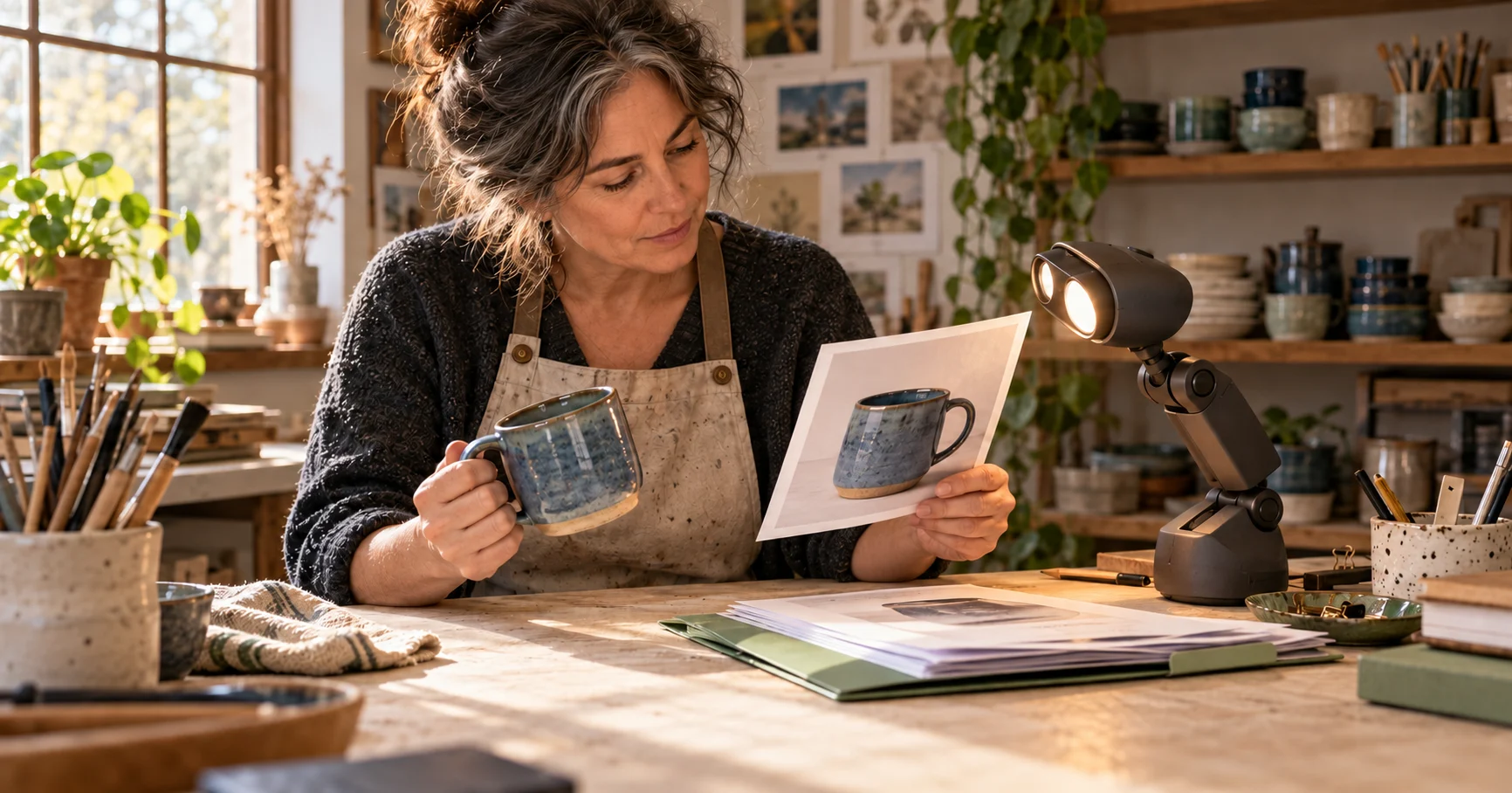 Editorial illustration of a maker comparing a ceramic mug with its printed photograph beside a small robot task lamp.