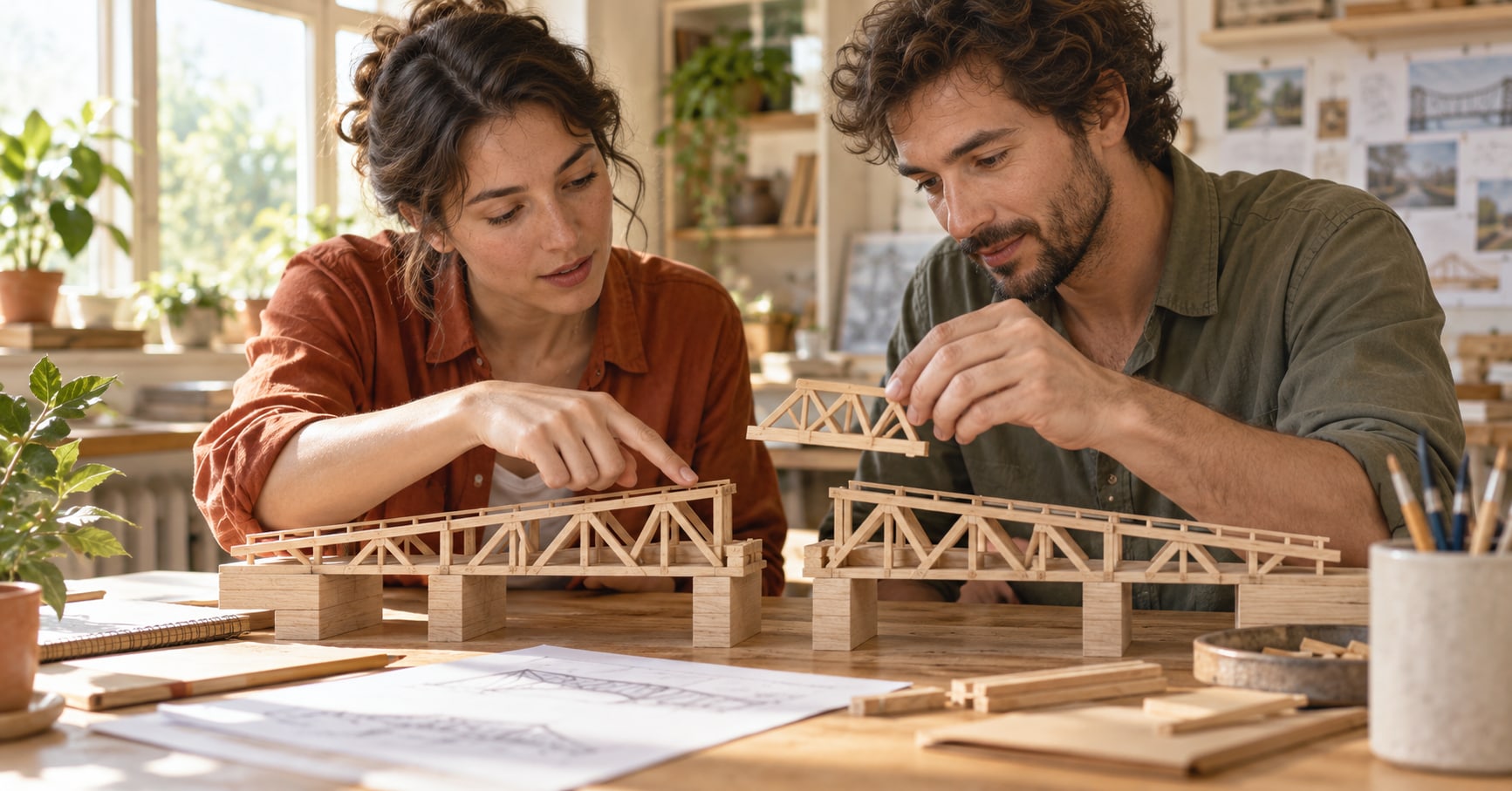 Conceptual AI-generated illustration: Two designers use a wooden bridge model to explain a missing connection. A metaphor for the article, not actual people, a tested workflow or measured results.