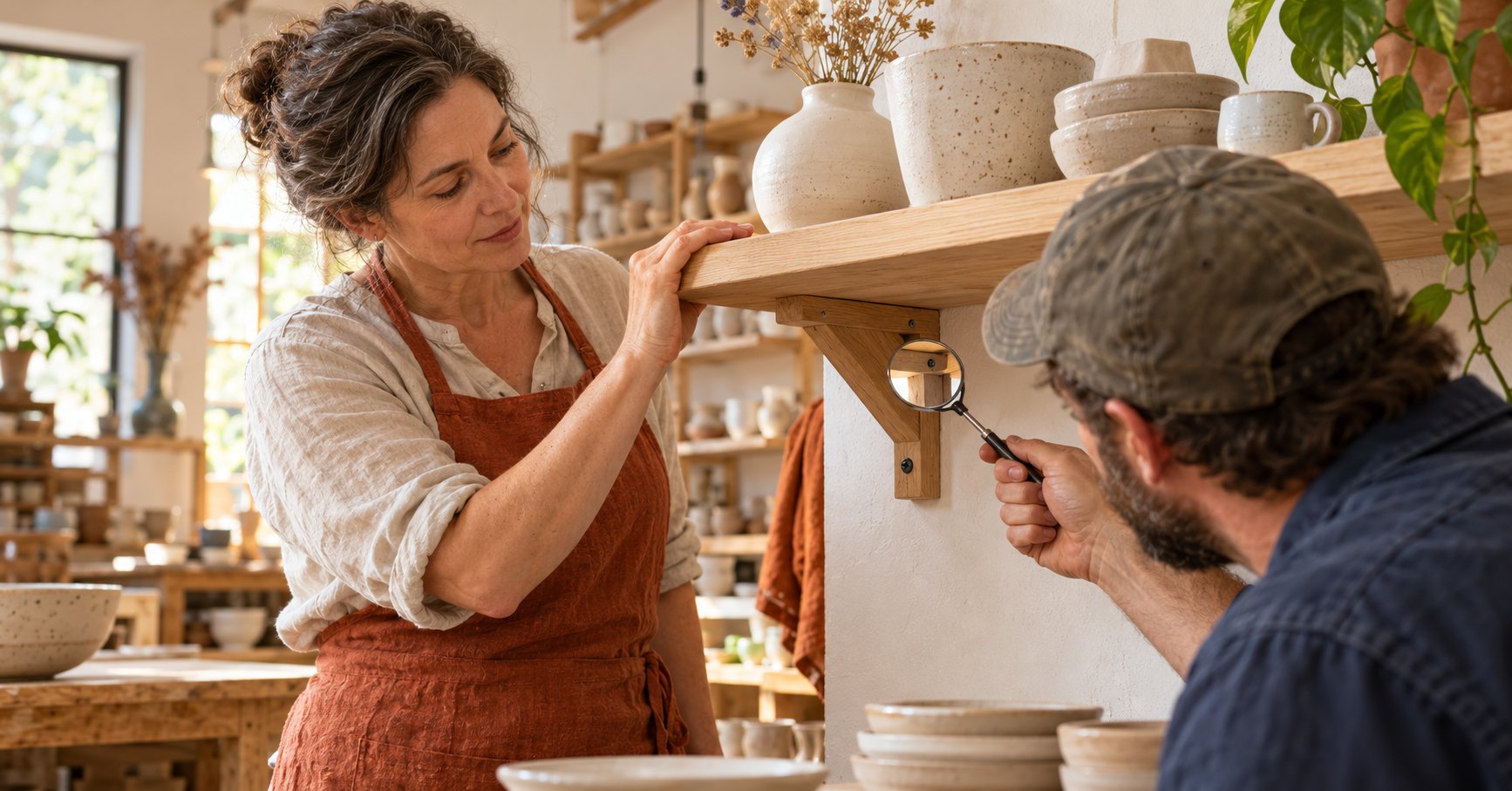 Conceptual AI-generated illustration: a workshop owner and craftsperson inspect a repaired shelf bracket among ceramic displays.