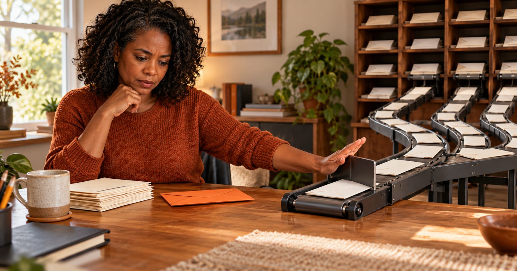 Conceptual AI-generated illustration: a woman pauses outgoing envelopes on a branching desktop mail conveyor in a home office.