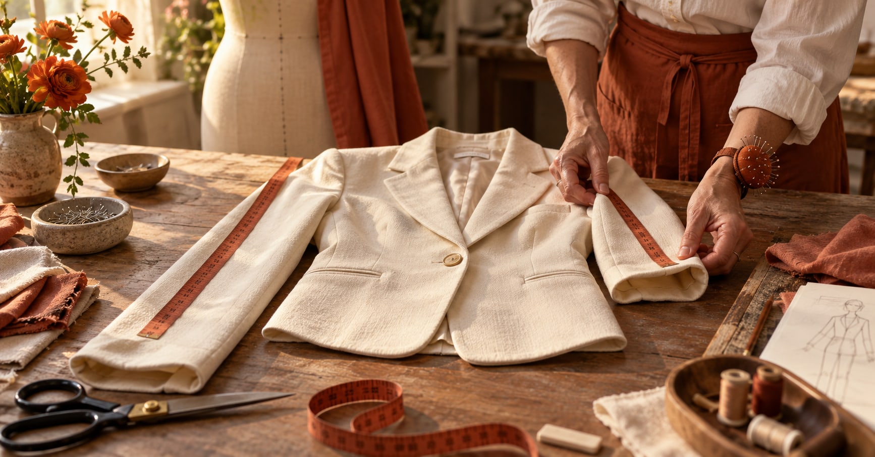 Conceptual AI-generated illustration: A tailor measures a garment with one sleeve noticeably shorter. A metaphor for the article, not actual people, a tested workflow or measured results.