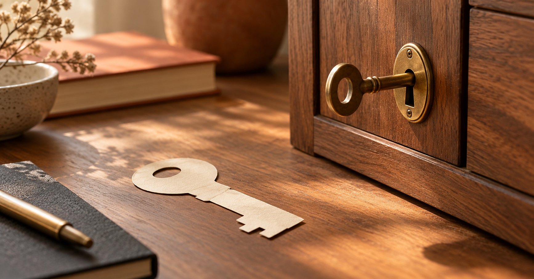 Conceptual AI-generated still life of a key-shaped paper cutout beside a brass key still inserted in a wooden cabinet lock.