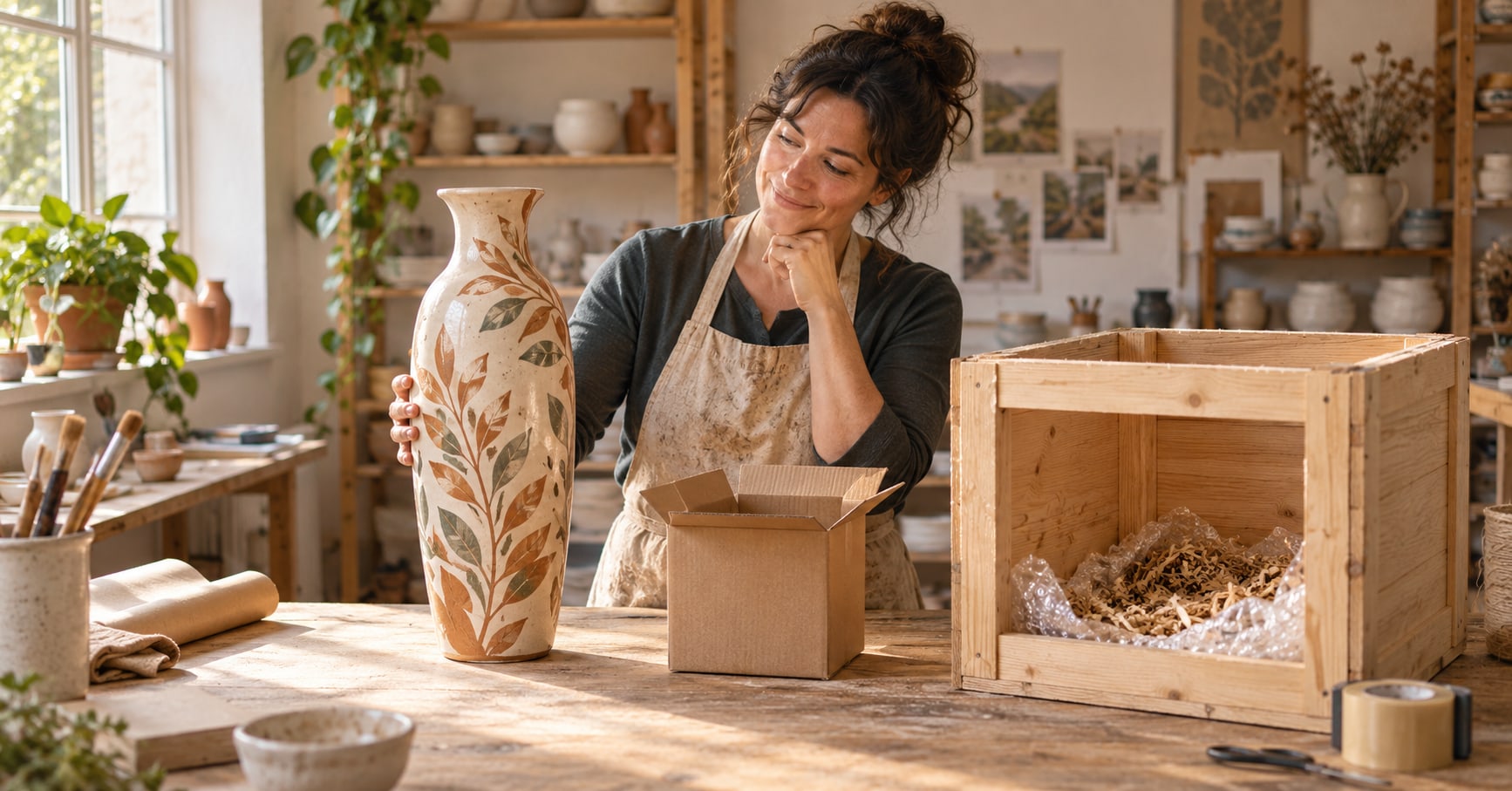 Conceptual AI-generated illustration: A ceramic artist considers a tall vase beside a shipping box that is too small and a larger transport crate. A metaphor for the article, not actual people, a tested workflow or measured results.