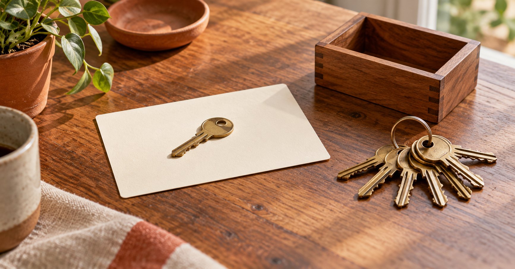 Conceptual AI-generated still life of one brass key on a work-order card beside extra keys and a small wooden task box.
